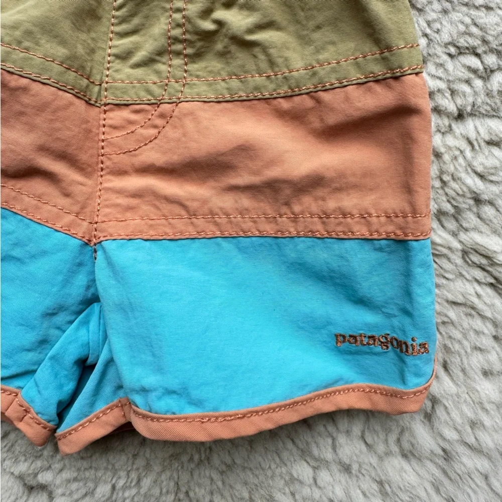 Patagonia Kids Swim Trunks in Tan, Peach & Aqua